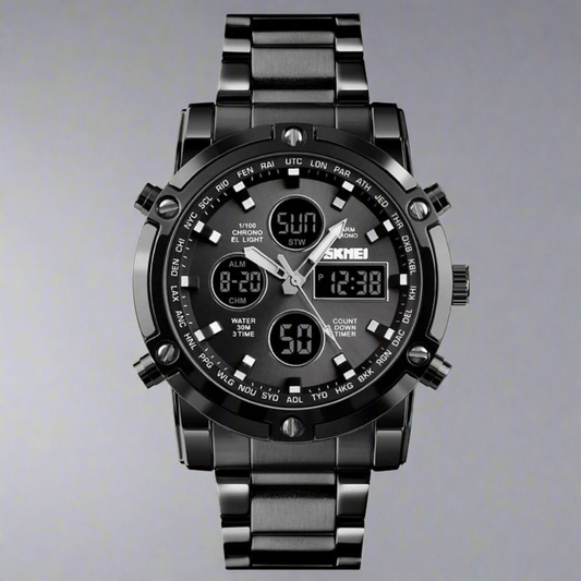 SKMEI Water Proof Premium Watch - Stainless Steel - Digital & Analogue Both